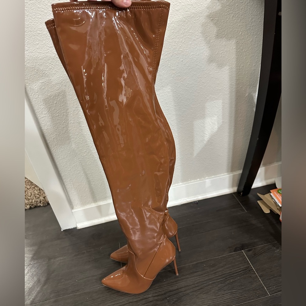 Steve Madden Vava Thigh-High Dress Boots Cognac Patent